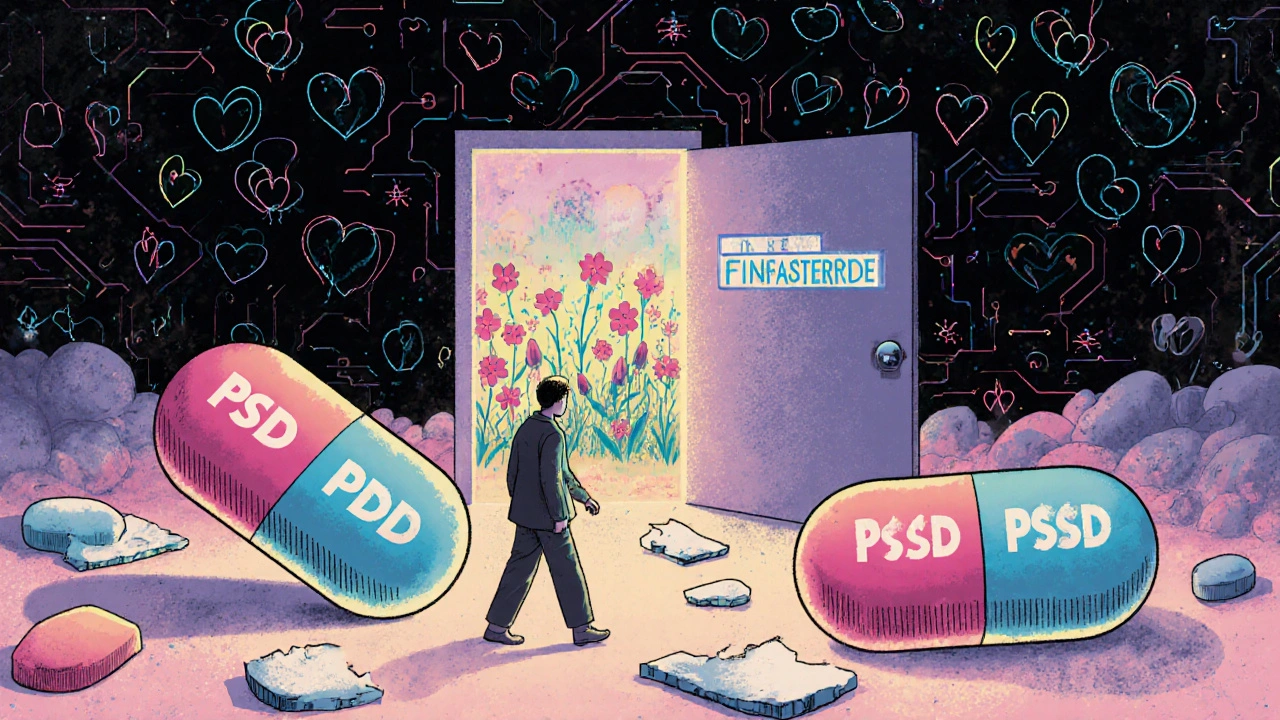 A figure walking past crumbling pill capsules toward a glowing door leading to a garden of libido flowers.