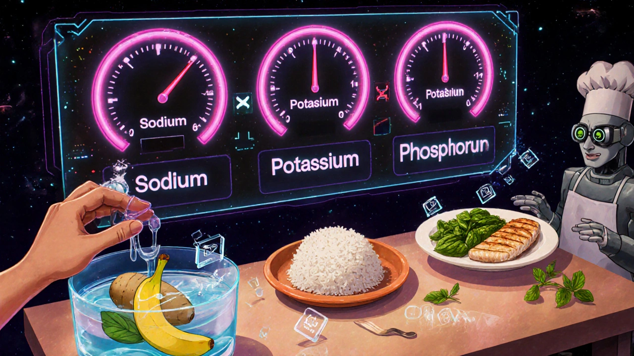 A floating medical dashboard with dangerous nutrient gauges above a patient leaching potatoes, surrounded by safe low-mineral foods.