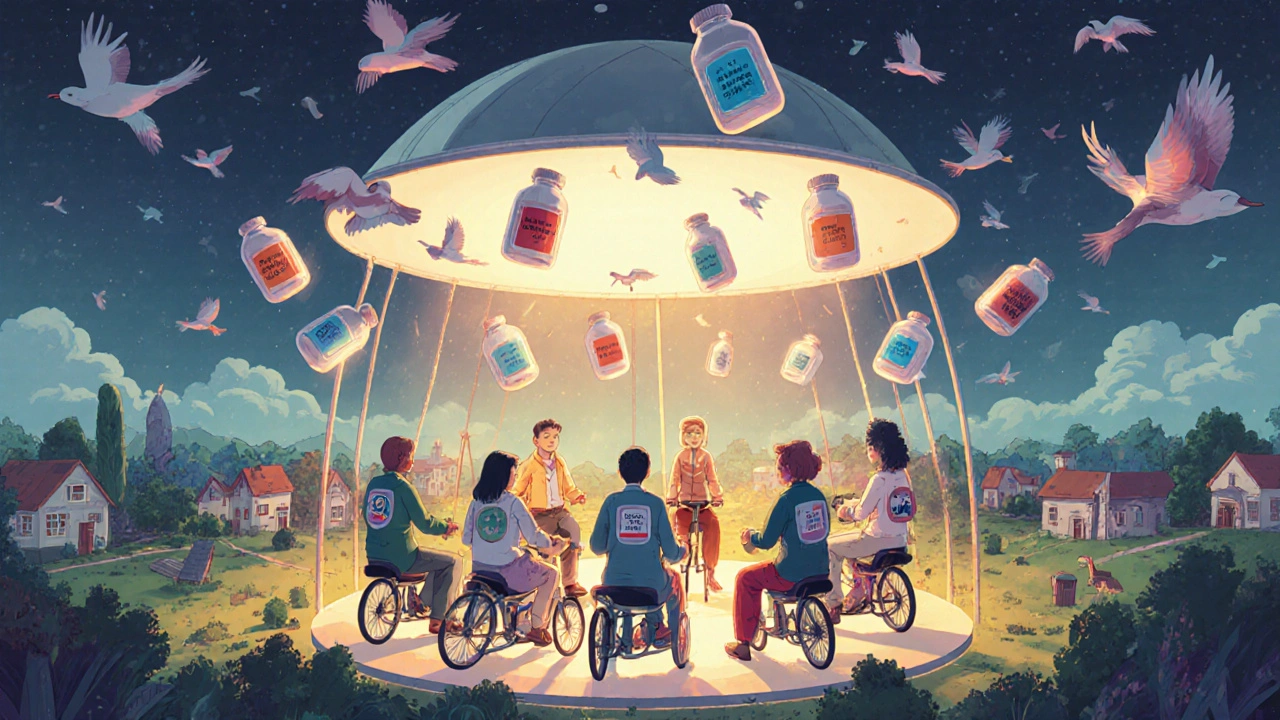 A floating rural clinic where peer mentors guide patients under a ceiling of pill bottles turning into birds as doses are confirmed.