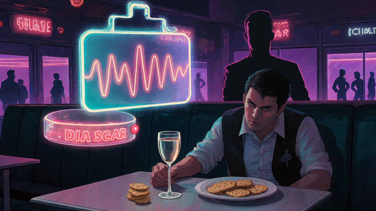 A man at a diner with a holographic CGM showing a dangerous blood sugar drop, his medical ID bracelet glowing beside him.