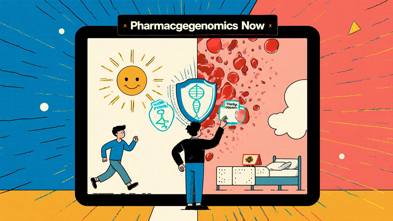 A patient activating a gene shield to block toxic droplets, with two contrasting life paths shown behind them in vibrant comic style.