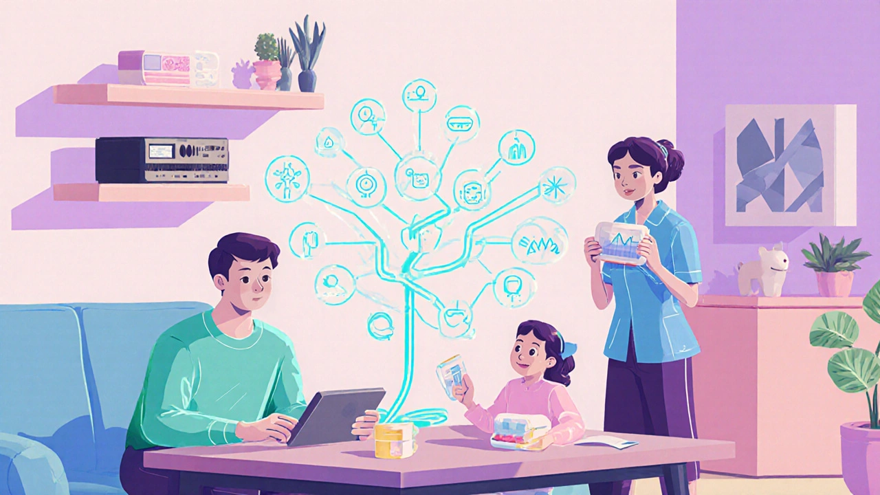A patient and spouse take medication together while a community health worker shows a glowing adherence graph in a retro-futuristic home.