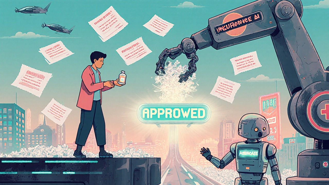 A patient facing denial notices while a robot advocate offers help toward approval.