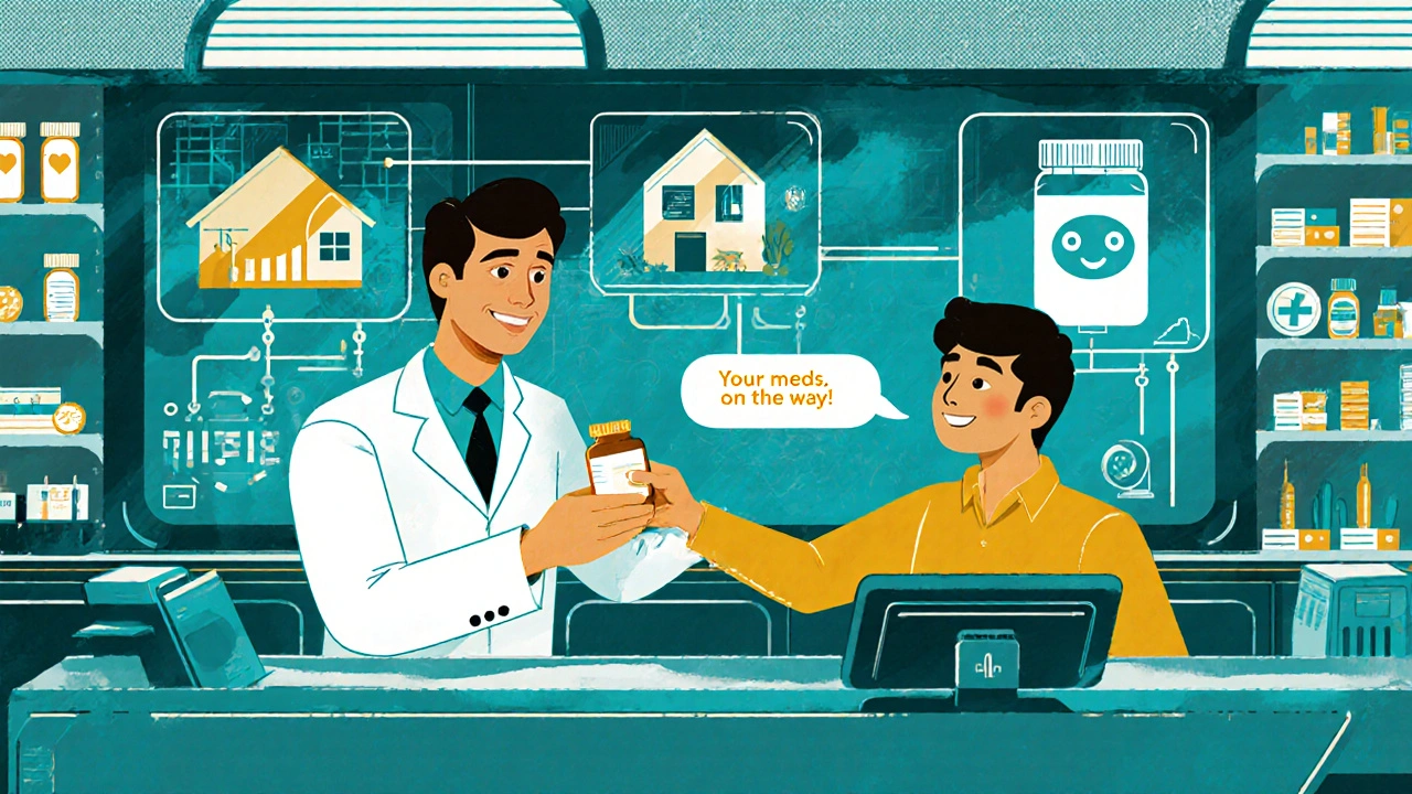 A pharmacist hands a pill bottle while digital health data streams float behind in a retro-futuristic pharmacy.