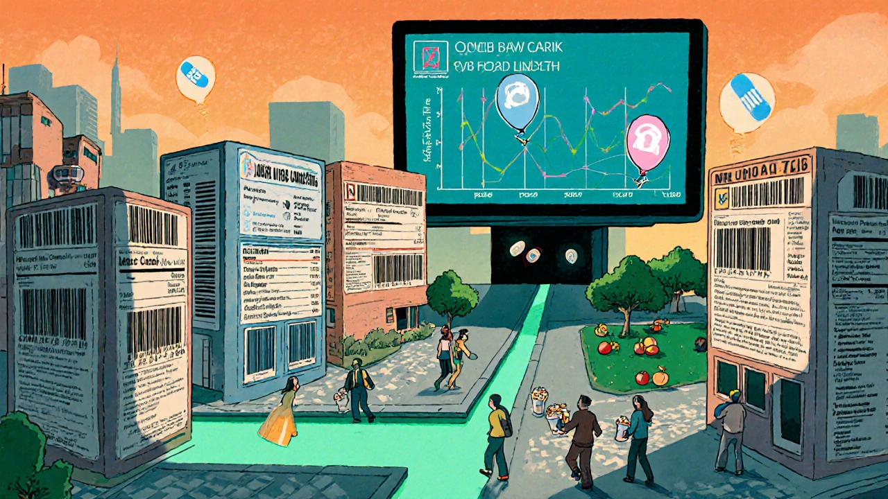 A retro-futuristic city where buildings display food nutrient labels and citizens eat kidney-friendly foods under a monitoring AI sky.