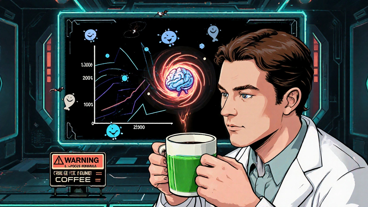 A scientist drinking green tea with a calming L-theanine molecule balancing caffeine particles in a futuristic lab.