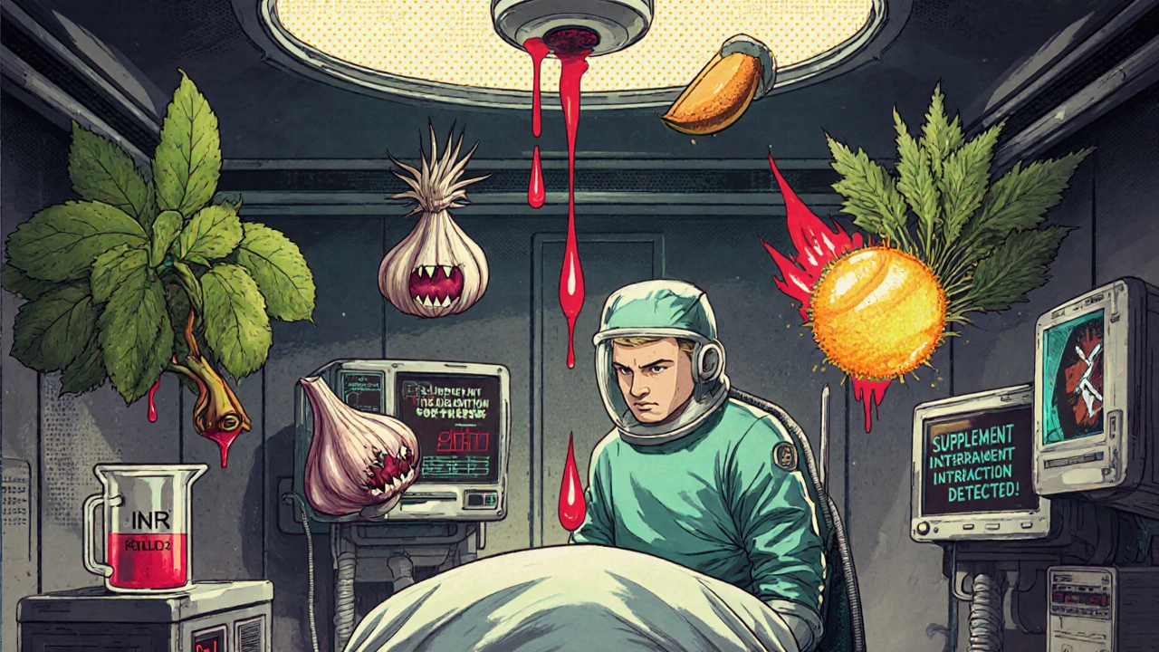 A surgeon pauses in an operating room as floating herbs cause bleeding, with medical monitors warning of dangerous interactions.