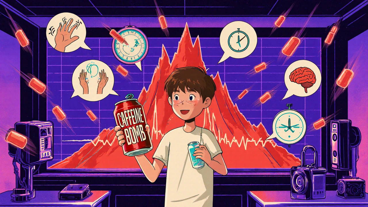 A teen overwhelmed by energy drinks and Adderall pills, heart monitor spiking in a neon 70s-style room.