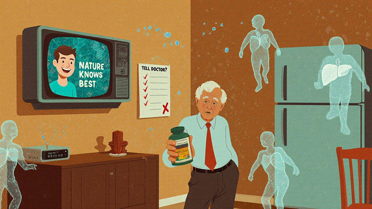 An elderly man takes unregulated supplements while ghostly health threats flicker around him, ignoring a checklist to tell his doctor.