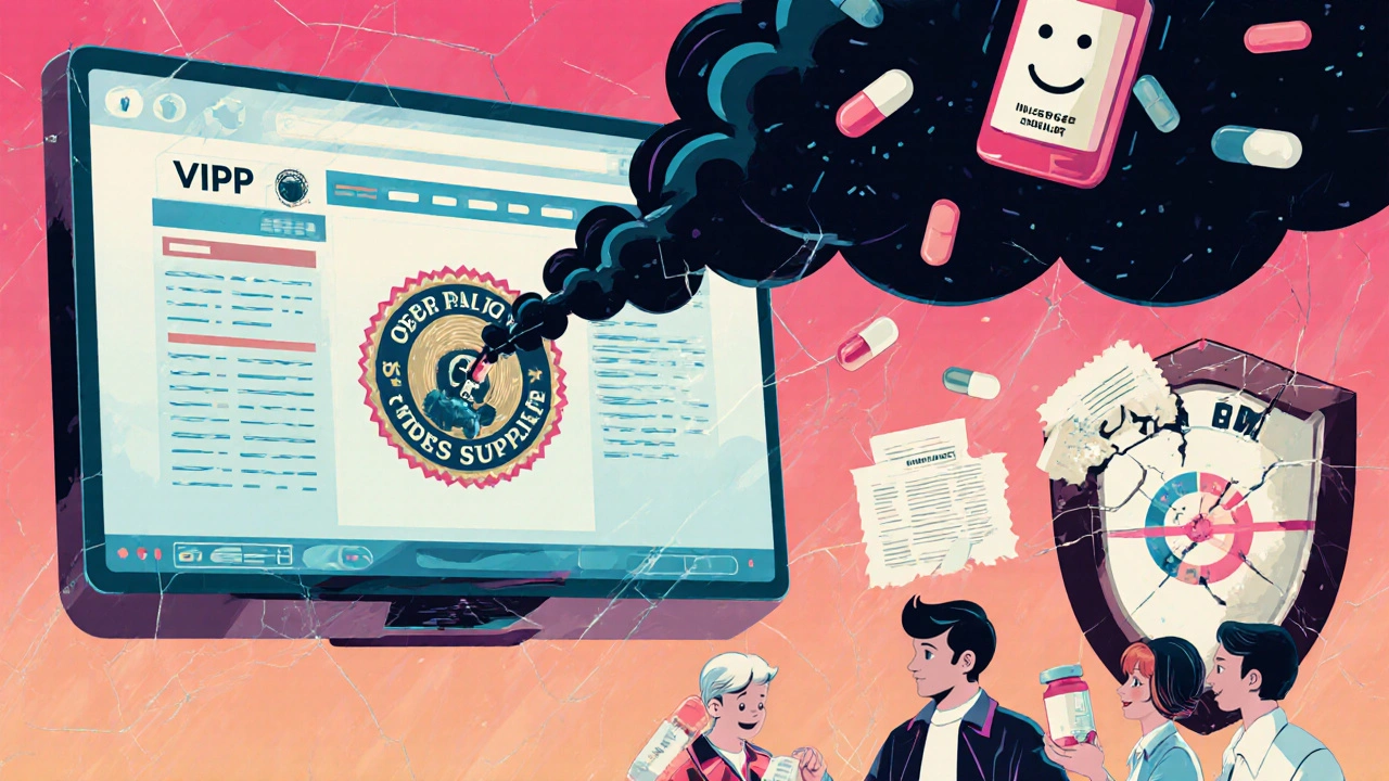 An online pharmacy screen cracking as fake pills fall, while a family unknowingly takes a dangerous dose.