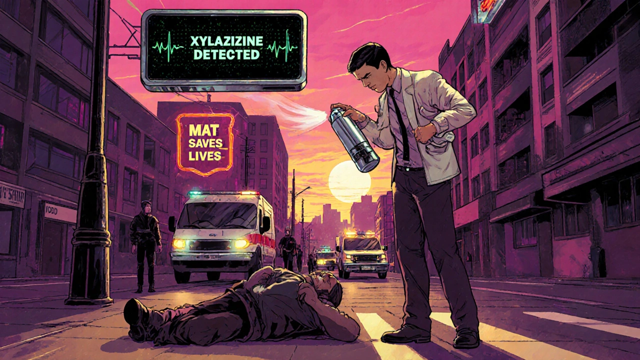 Bystander administers naloxone to someone overdosing as emergency hover ambulance arrives.