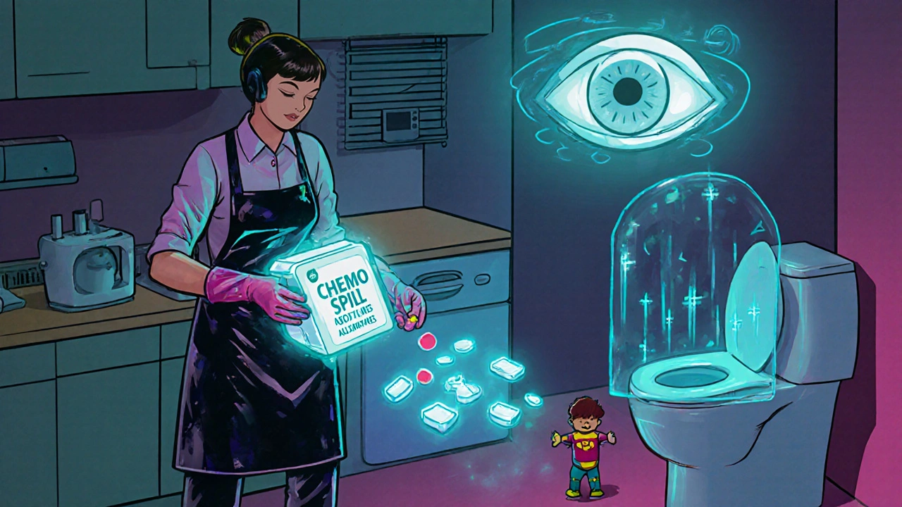 Caregiver cleaning chemotherapy spill at home with glowing spill kit and force-field safety barrier.