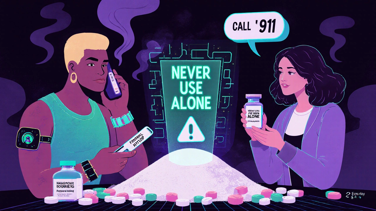 Diverse group using a holographic fentanyl test strip and calling for help via wrist device.