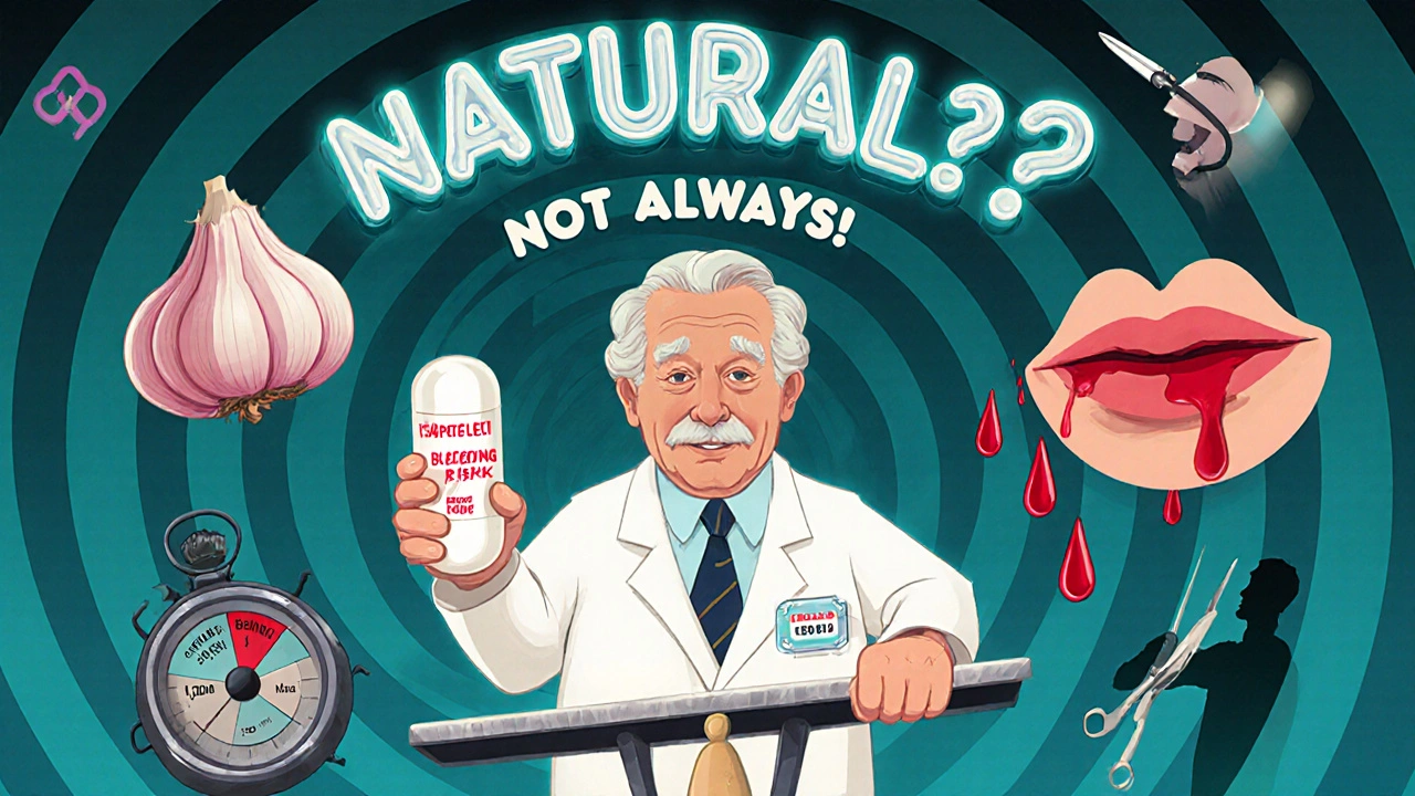 Elderly person holding large garlic pill, scale tipping to bleeding risk amid floating medical icons.
