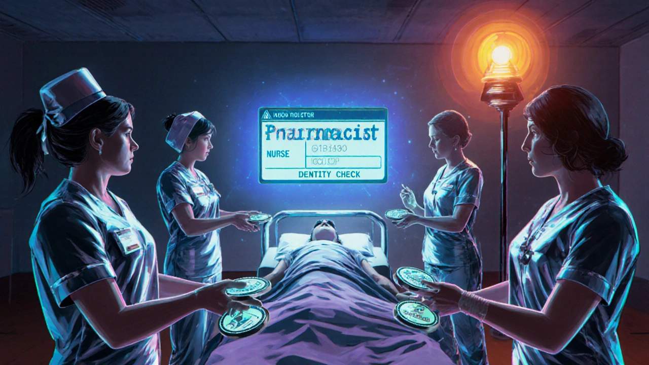 Four medical staff performing holographic patient verification ritual in retro-futuristic clinic.