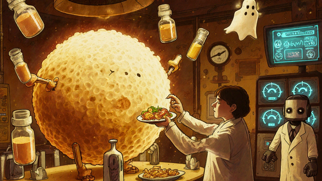 Glowing brown fat cell being fed protein as hormones dim around it