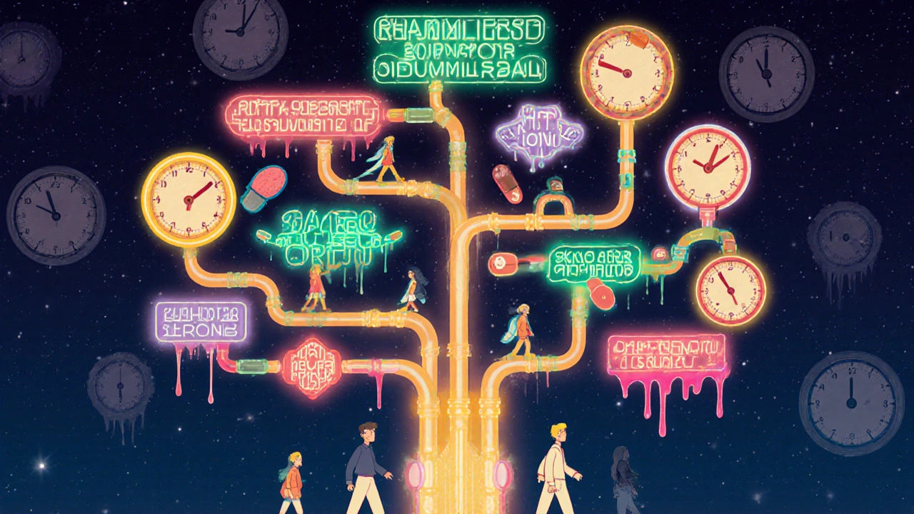 Glowing decision tree with labeled paths for medication responses, under neon safety signs in a starry sky.