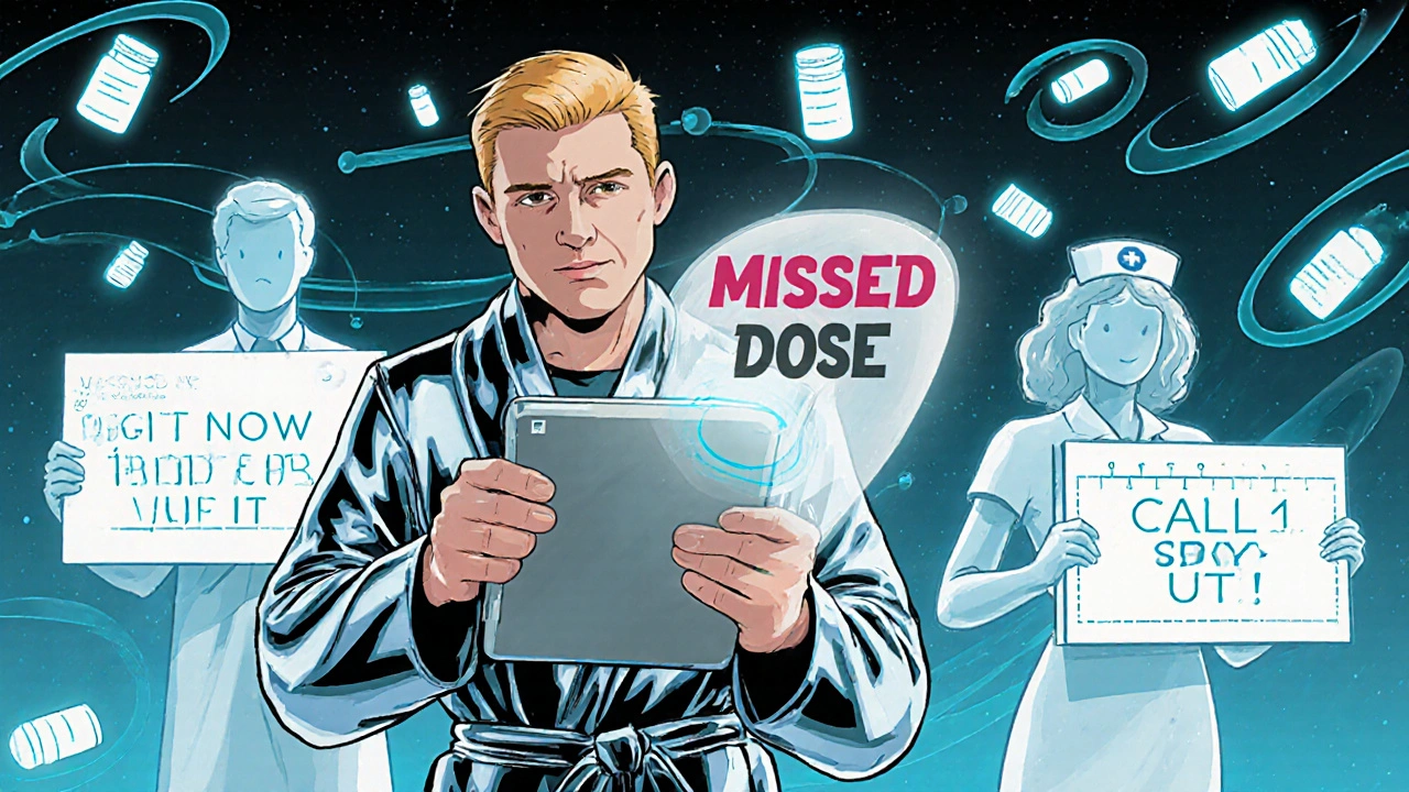 Person in a space-age robe surrounded by ghostly medical advisors holding safety signs about missed doses.