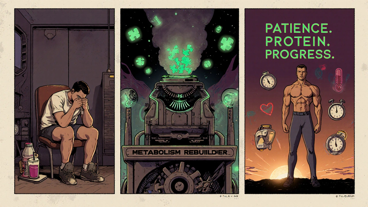 Person progressing from dieting slump to metabolic recovery with glowing health icons