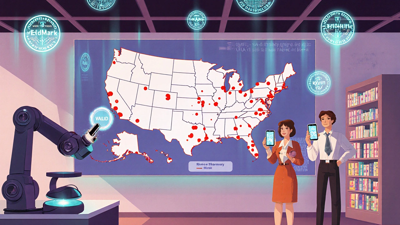 Pharmacy wall map showing counterfeit hotspots as glowing red dots, with a robotic spectrometer scanning a pill in mid-air.