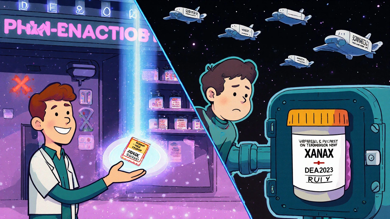 Split scene: one side shows seamless electronic prescription transfer, the other shows a one-time transfer vault.