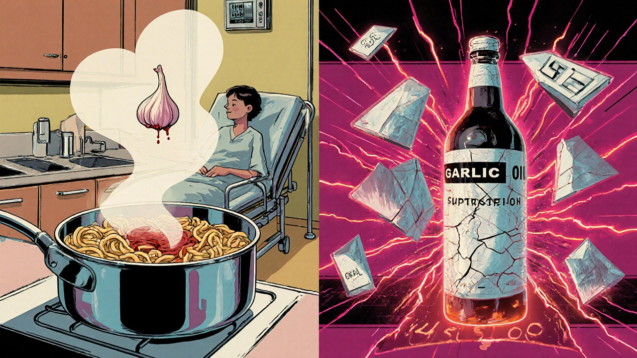 Split scene: safe kitchen garlic vs. hospital emergency from garlic supplement overdose.