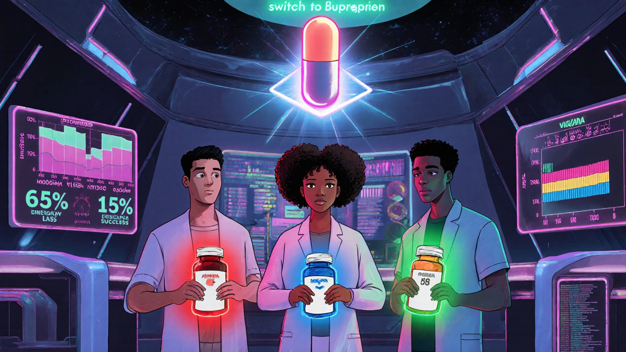 Three people in a clinic with holographic stats and colored medication auras, pointing to a glowing alternative pill.