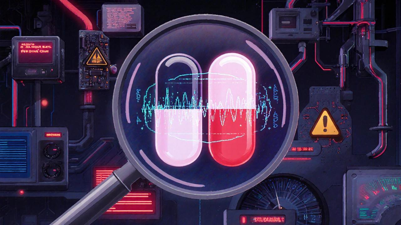 Two generic pills side by side, one authentic with clean molecular patterns, the other corrupted under spectral analysis.