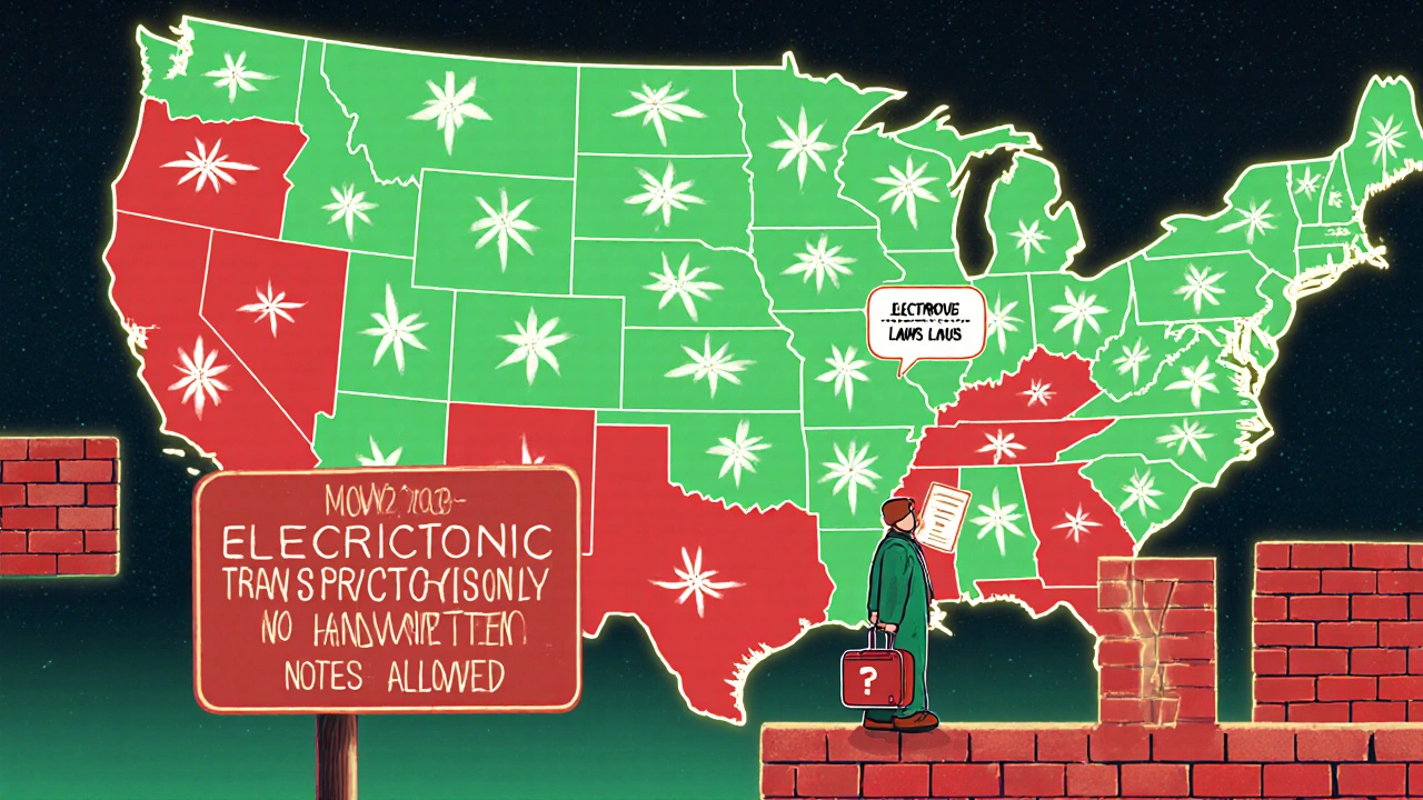 U.S. map with glowing states showing transfer rules, a traveler paused at a restricted border.