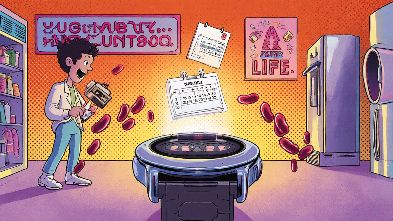 Wearable device projecting a 3D lab calendar next to a robotic pharmacist.