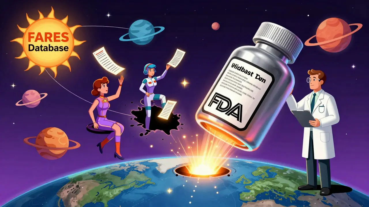 A cosmic pharmacy in space where reports from Earth form a warning label, illustrated in vintage sci-fi style.
