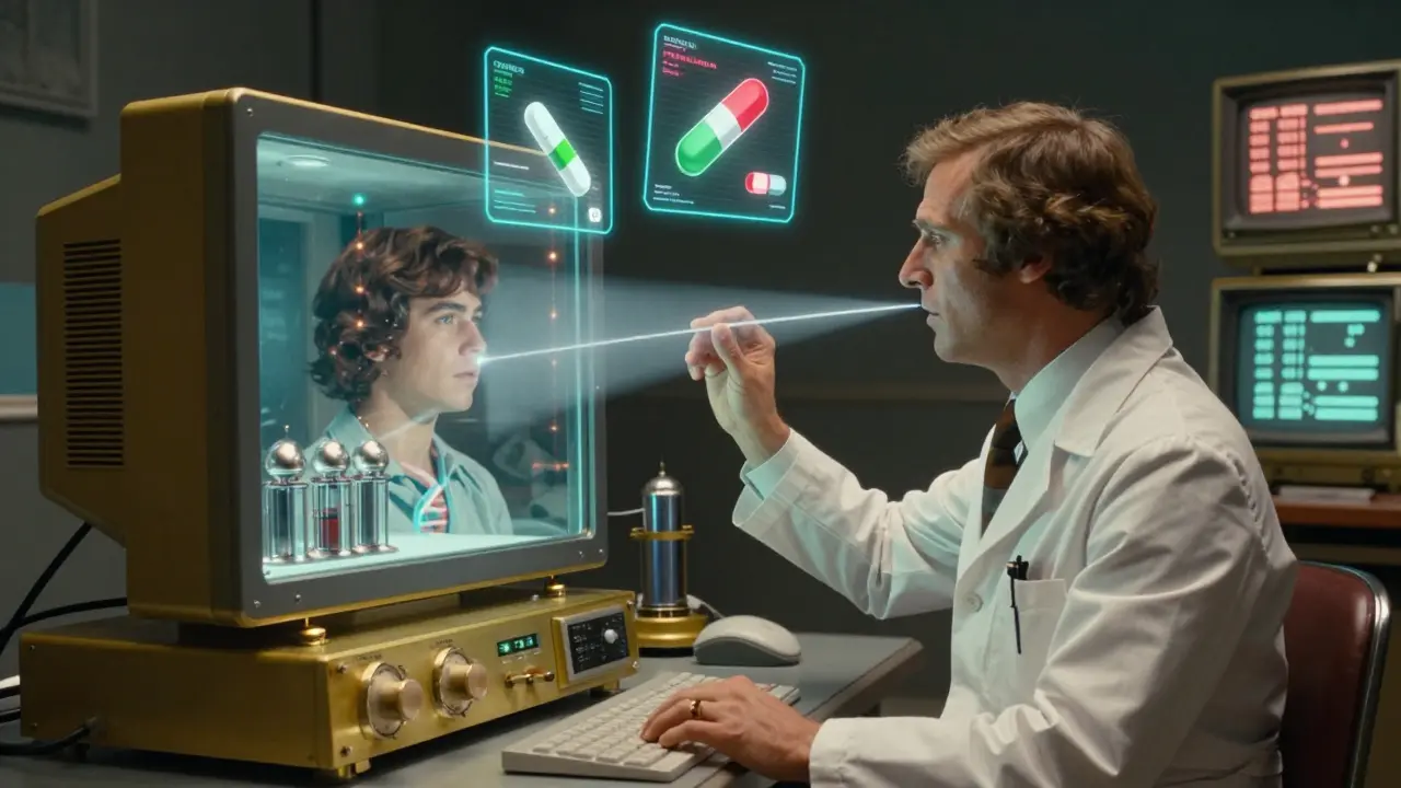 A doctor scanning a cheek swab into a vintage mechanical computer with holographic drug warnings floating above a patient.