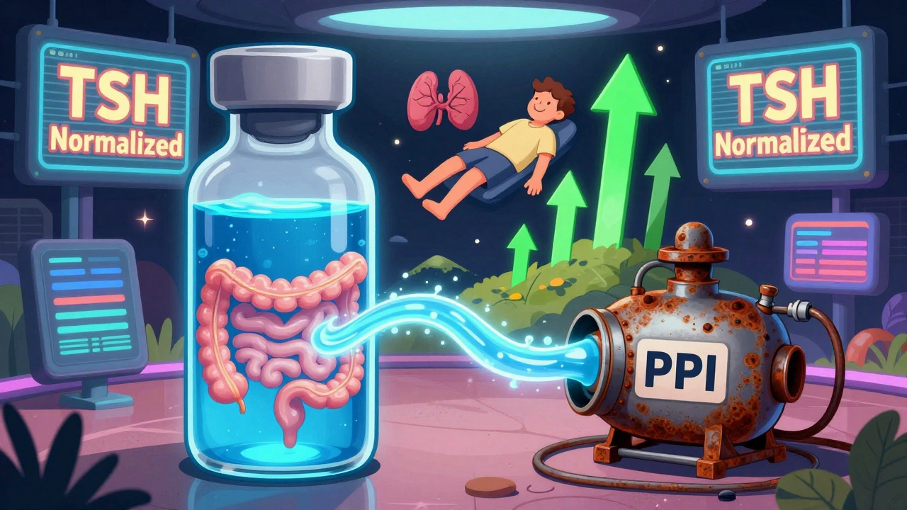 A glowing liquid thyroid medication flows past a deactivated PPI machine, with rising green arrows indicating recovery.