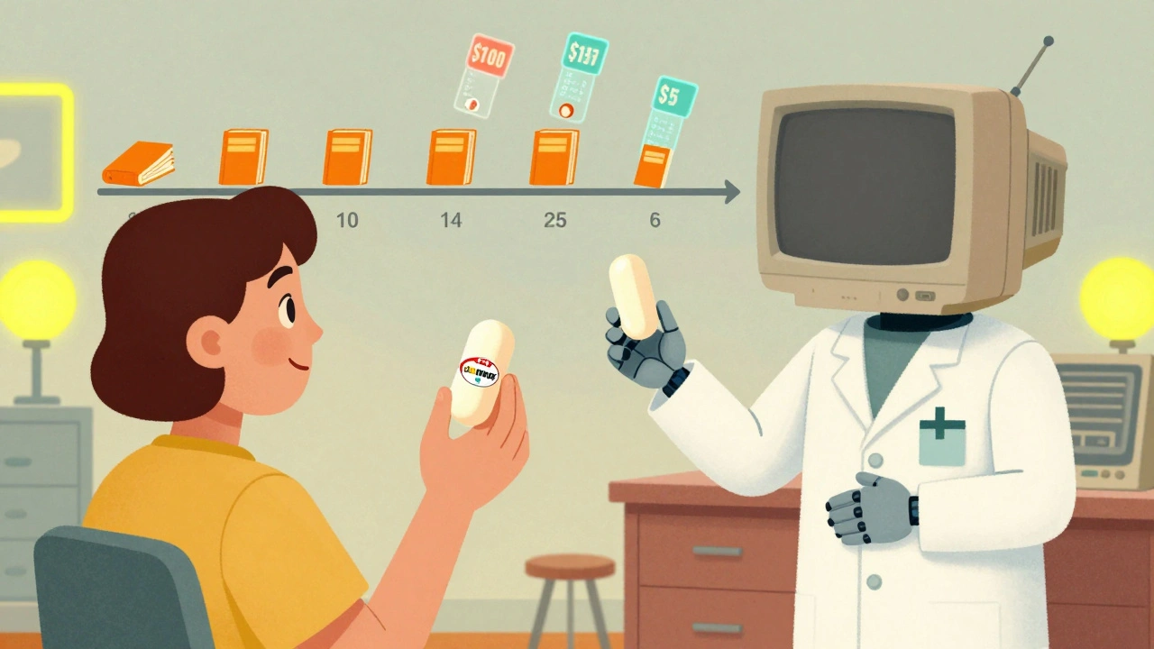 A patient chooses between two pills as a robotic pharmacist offers options in a retro-futuristic clinic.