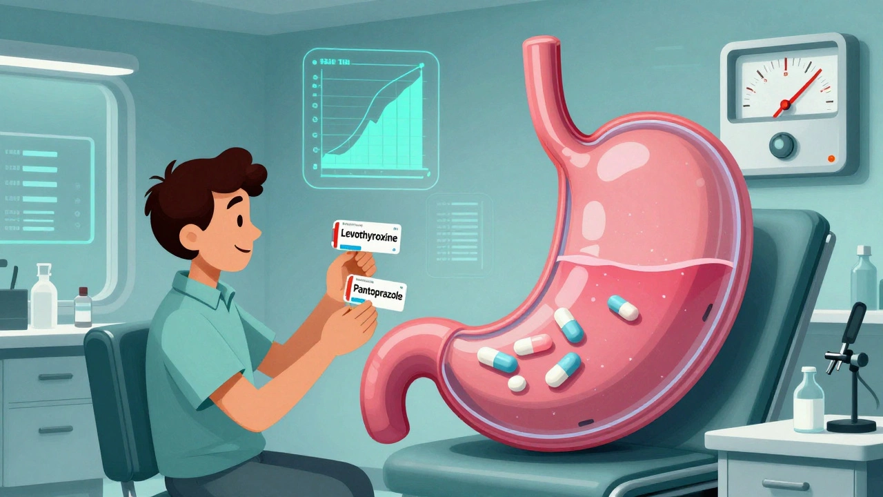 A patient in a 1960s clinic watches TSH levels spike as a transparent stomach shows poor drug absorption.