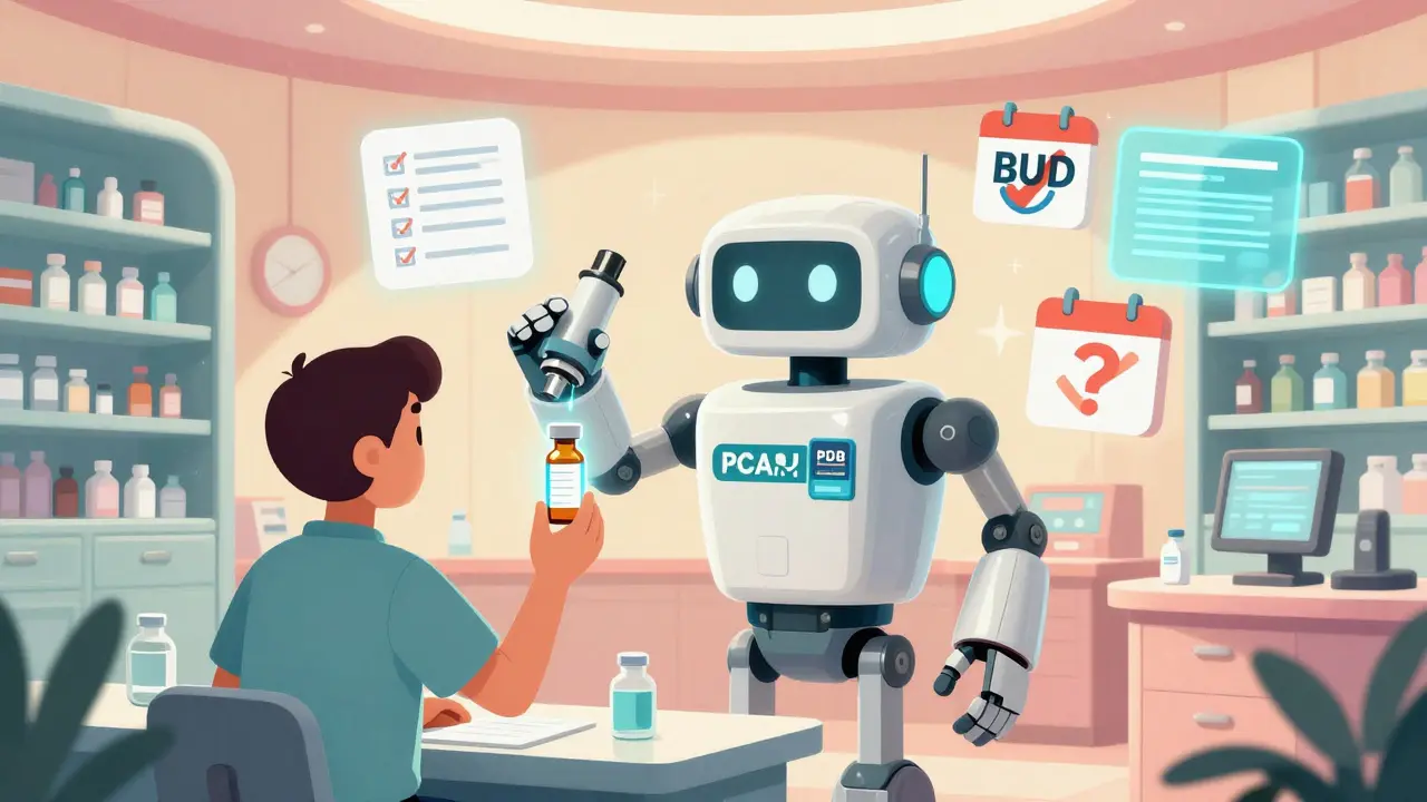 A patient receives a safely labeled compounded medication from a friendly robot pharmacist with PCAB accreditation icons.