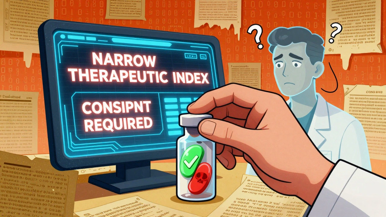 A pharmacist&#039;s hand placing a split pill—green and red—while a holographic warning flashes on a retro-futuristic screen.