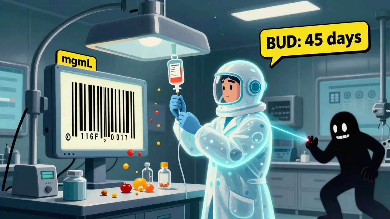 A pharmacist in a glowing gown prepares an IV bag under a high-tech air hood with scanning barcodes and clear labeling.