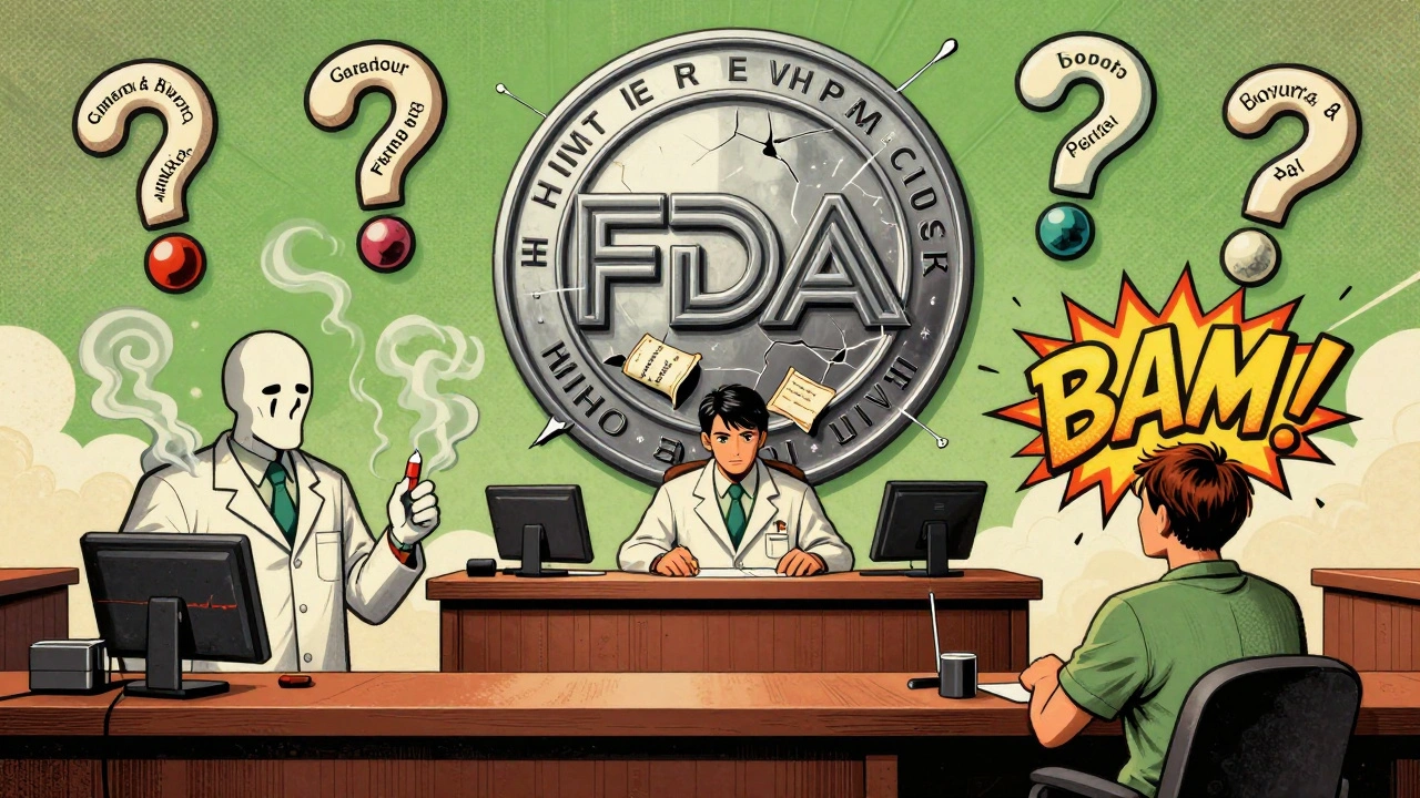 A pharmacist in a surreal courtroom with a cracked FDA seal, floating pill-shaped question marks, and dissolving drug manufacturers.