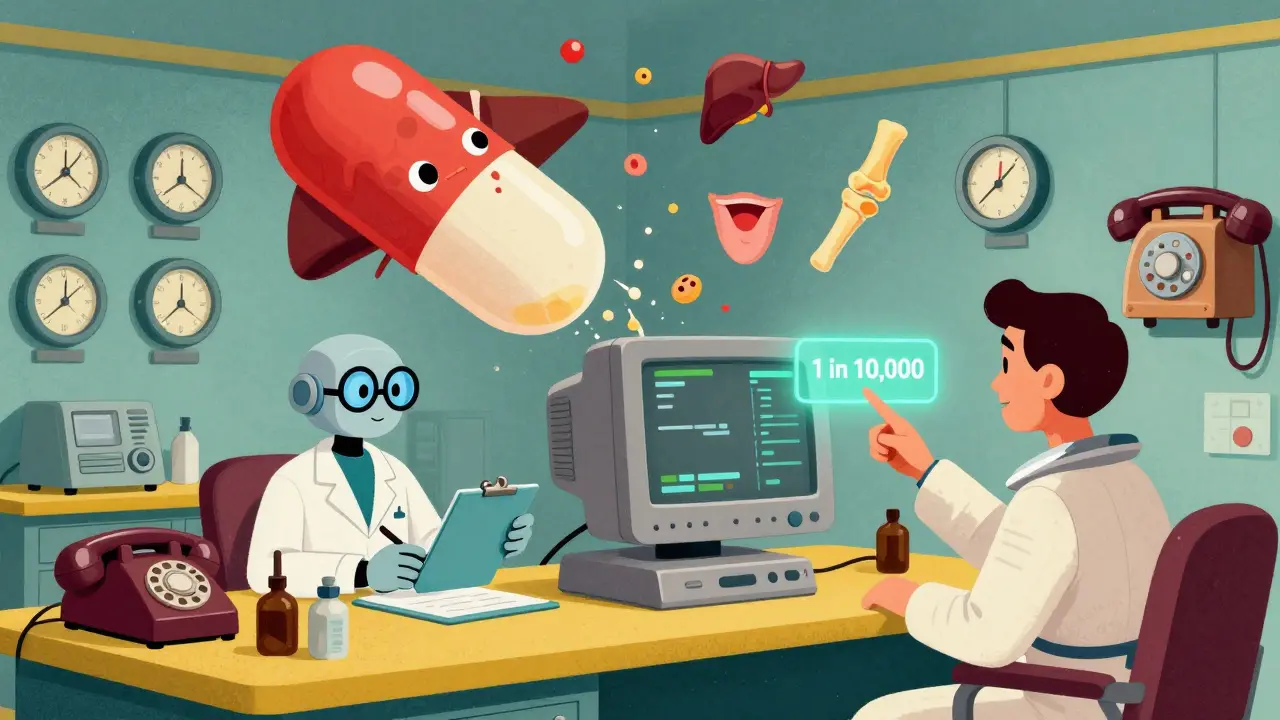 A retro-futuristic lab with a dissolving pill releasing icons of side effects, monitored by a robotic pharmacist.