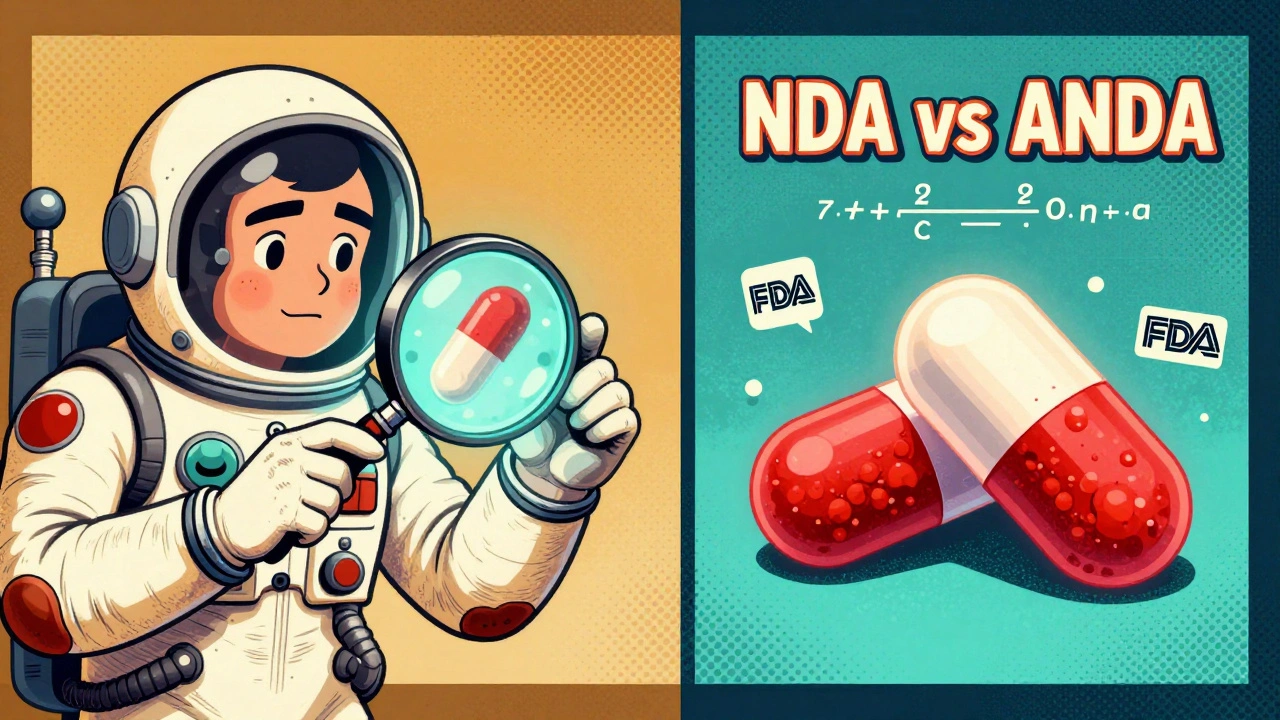 A scientist compares pills under a magnifier, showing internal differences between brand and generic.