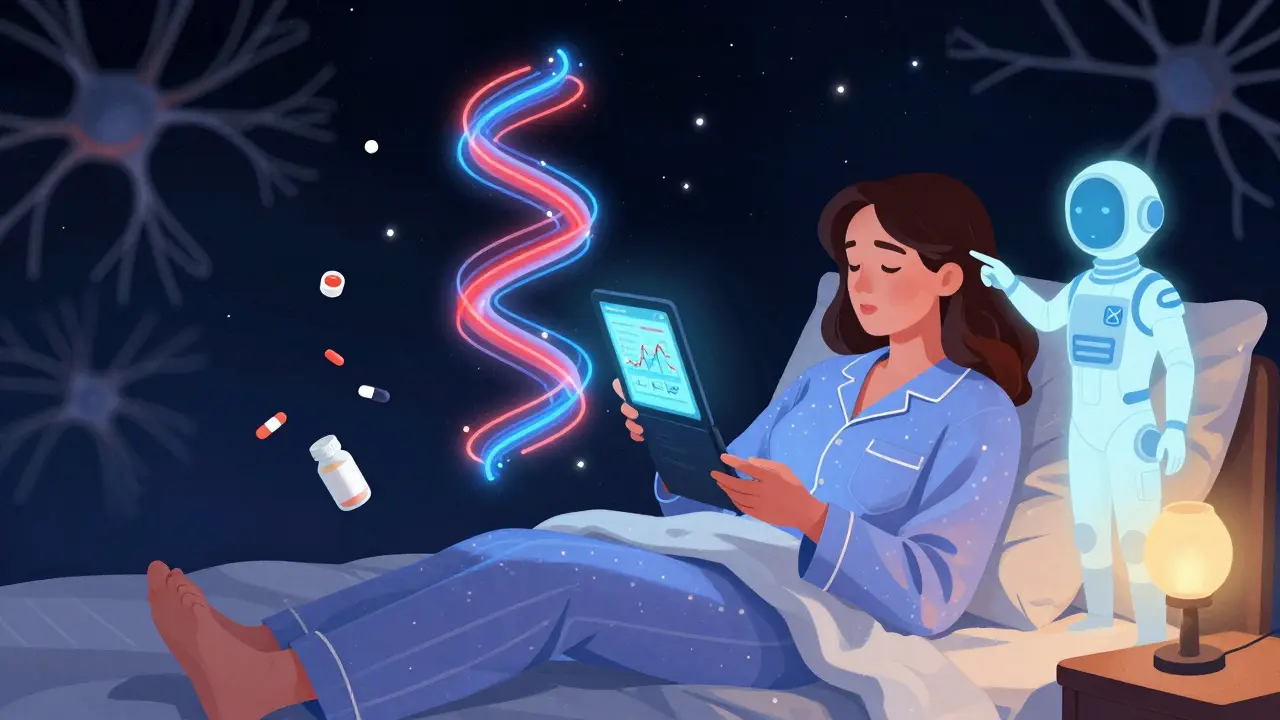 A woman holds a sleep diary projecting a pain-sleep helix, with a sci-fi therapist guiding her toward better sleep habits.