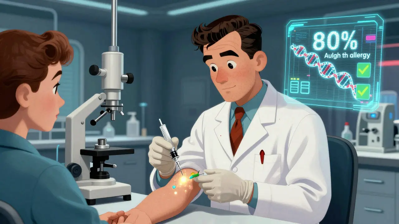 Allergist performing a skin test with holographic data showing allergy outgrowth probability in a 1950s sci-fi lab.