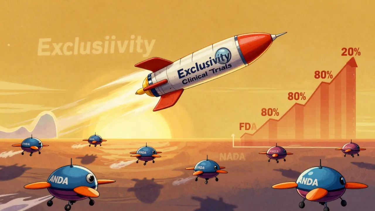 Brand-name drug rocket running out of fuel at a patent cliff while generic drones descend to claim the market.