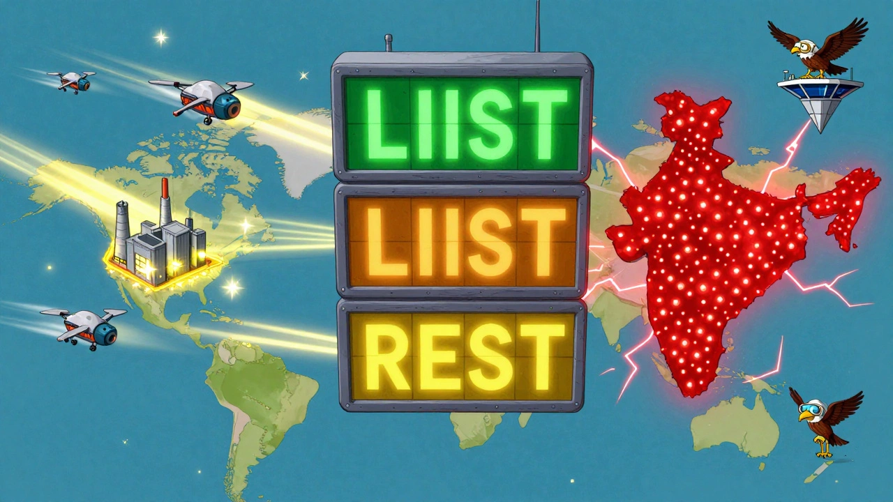 Color-coded global scoreboard showing Green, Yellow, and Red List pharmaceutical facilities with glowing indicators.