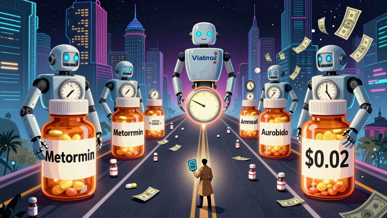 Cyberpunk highway of pill bottles with corporate robots lowering prices until one explodes into dollar bills.