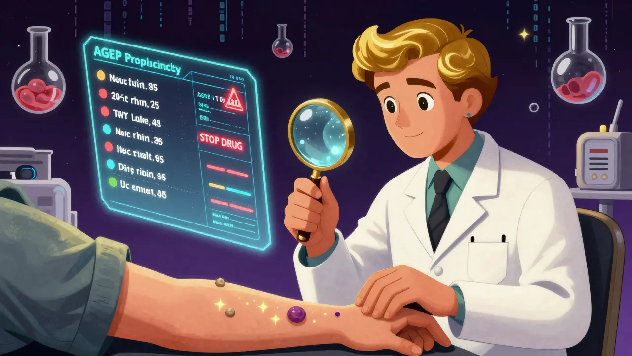 Dermatologist examining pustules under a holographic AGEP diagnostic chart in a retro-futuristic lab.