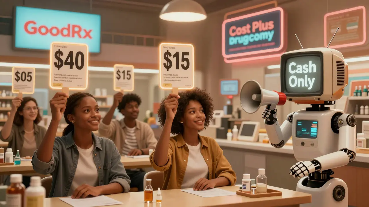 Diverse patients holding conflicting price tags in a retro-futuristic pharmacy market, with cash-only pharmacy signs glowing in the background.
