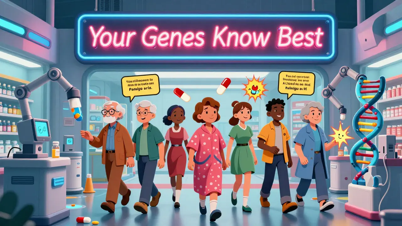 Diverse patients receiving personalized pills from an automated pharmacy with neon gene symbols and safety alerts in retro-futuristic design.