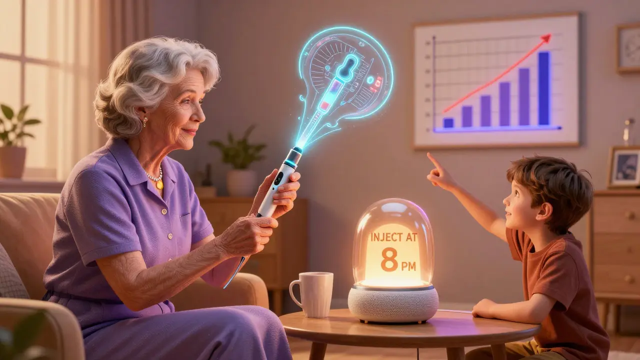 Elderly woman injecting with a glowing smart pen, projected bloodstream animation, in a cozy retro-futuristic room.
